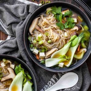 Asian style veggies and noodles in a broth in a black bowl with a white asian soup spoon next to it.