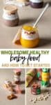 Collage of pureed baby food in a jar, mini patties in a jar and containers with puffs and overlay text in the middle.
