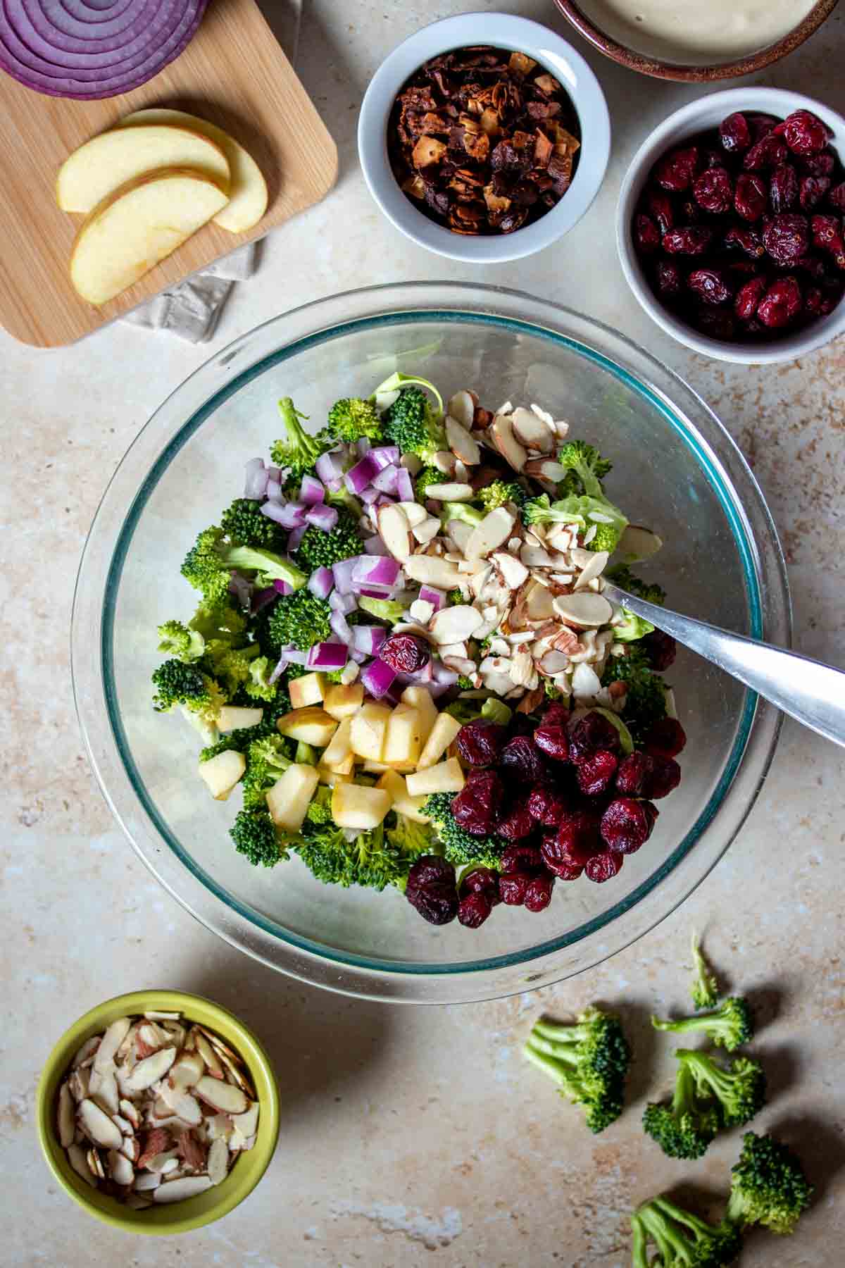 Dried cranberries, slivered almonds, red onion, apples and broccoli in a glass bowl with more of the ingredients in bowls around it.