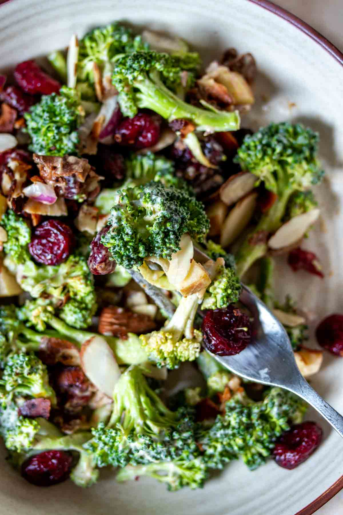 A fork coming out of a cream bowl of creamy broccoli salad with some salad on it.