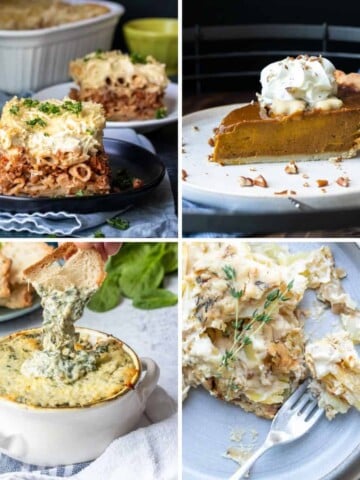 A collage of a layered noodle casserole, a piece of pumpkin pie, a bowl of spinach dip and a plate of scalloped potatoes.