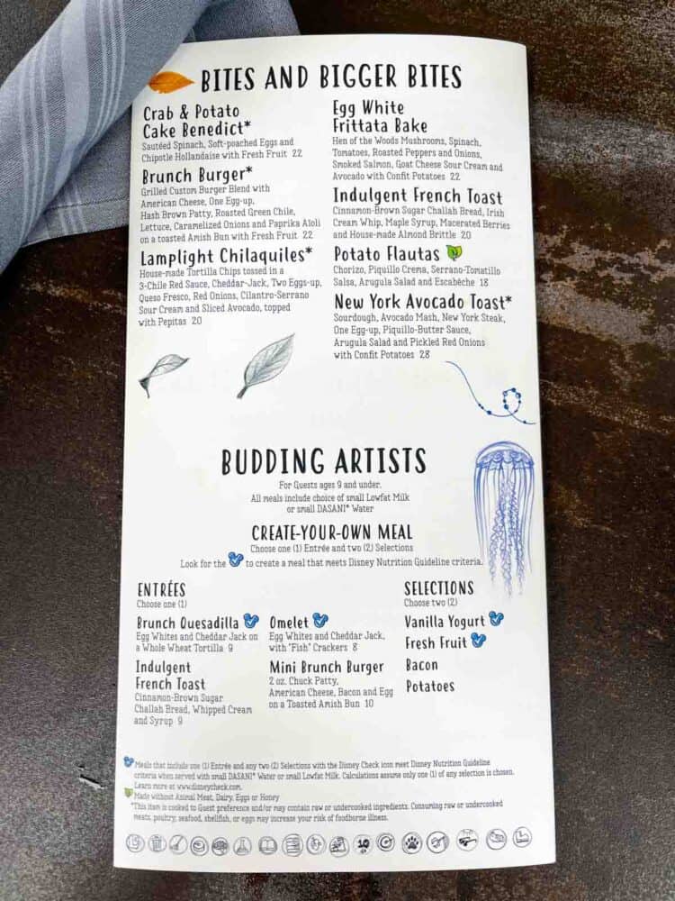 A white menu listing a variety of breakfast and brunch items.
