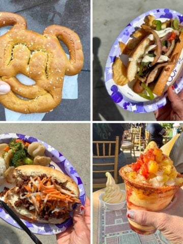 A collage of a mickey pretzel, a hand holding a Dole whip, a pepper sausage sandwich and sandwich with ground meat and veggies.