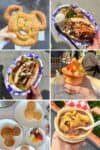 Collage with six photos of snacks and meals for both lunch and breakfast you can eat at Disneyland.