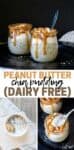 A collage of a peanut butter flavored chia pudding being mixed in a bowl, a spoon getting a bite of the set pudding and it in two glass jars with caramel dripping off the edges.