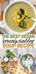 Collage of three photos, a bowl of broccoli cheddar soup, the ingredients needed to make the soup and the soup in a pot before it is blended with overlay text.