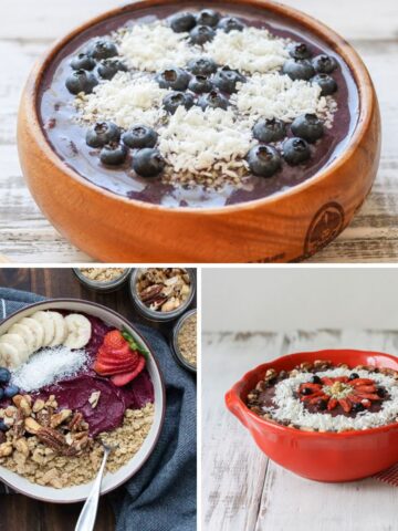 A collage wooden, red and cream bowls filled with smoothie bowls and topped with things like coconut, nuts and fresh fruit.