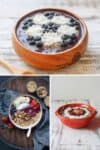 Three photos of smoothie bowls in different colored bowls topped with different things like fruit, coconut, nuts and granola.