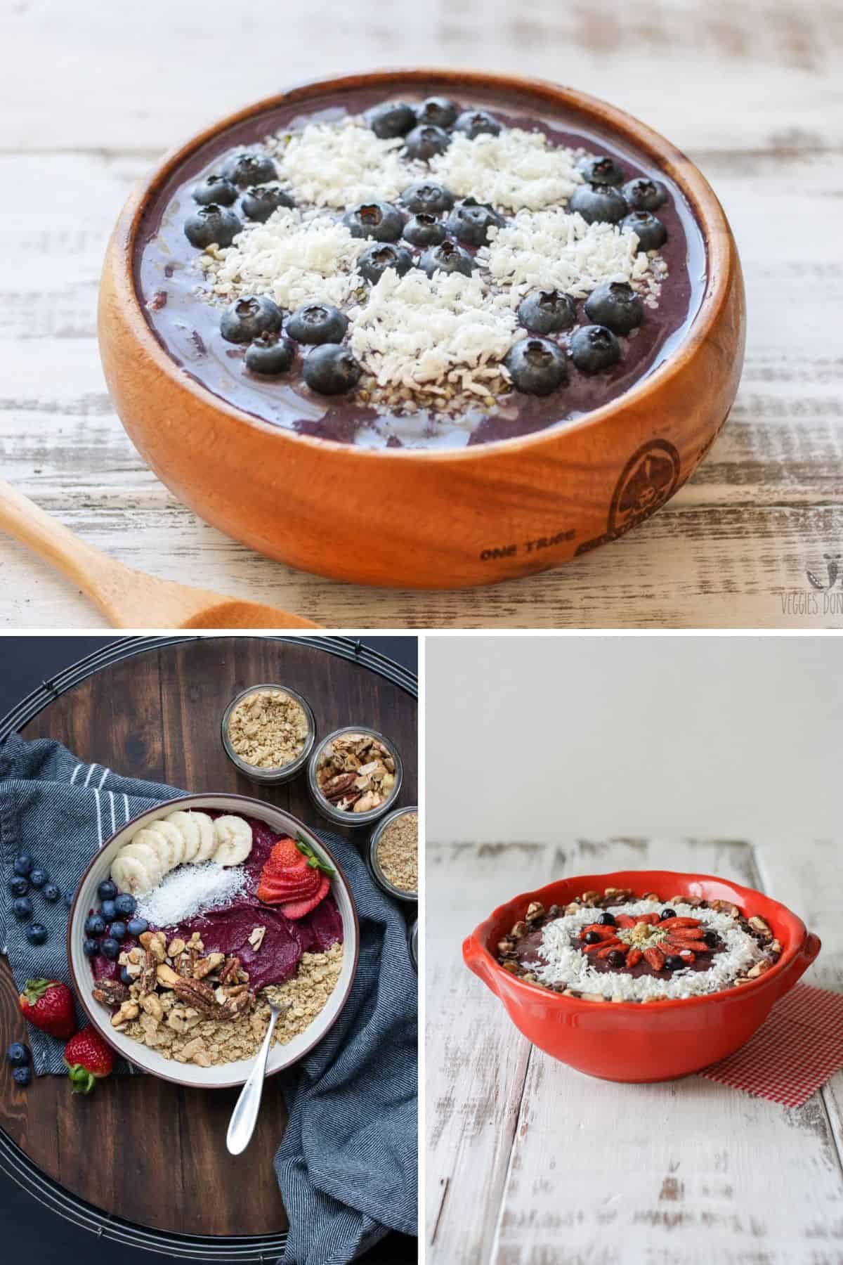 A collage of three photos of smoothie bowls all different flavors and topped differently.