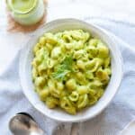 Shell pasta mixed with green cheese sauce in a white bowl with a small leaf on top.