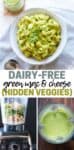 A collage of green mac and cheese in a white bowl, veggies and cashews in a blender and top view of green sauce in the blender and overlay text.