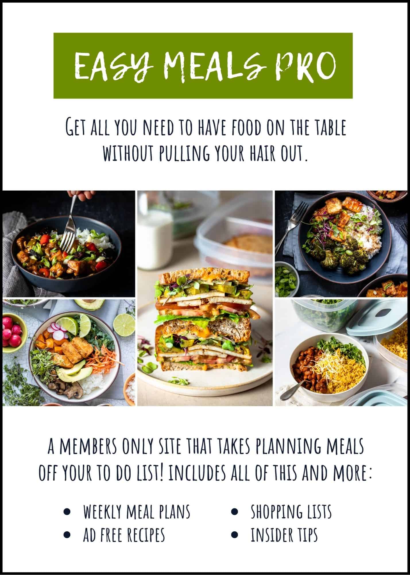 A collage of five photos of different meals on a white background with a green title text block above and other overlay text above and below.