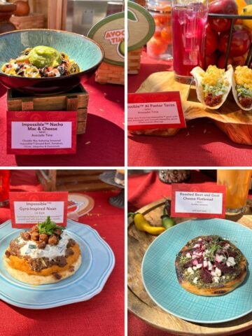 Collage of four photos of flatbreads, tacos and pasta on plates and on red tablecloths.