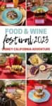 Overlay text on the food and wine festival at disney and six photos of food and drinks from it.