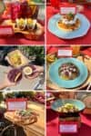 Collage of a variety of foods from a food and wine festival with 5 meals and one drinks photo.