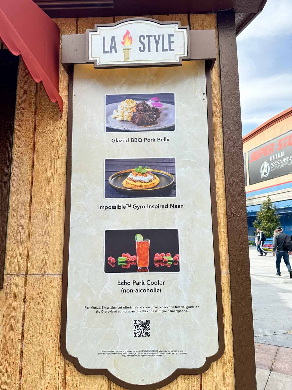 Tan sign with 3 photos of food and text under neath and a top title that says LA style.
