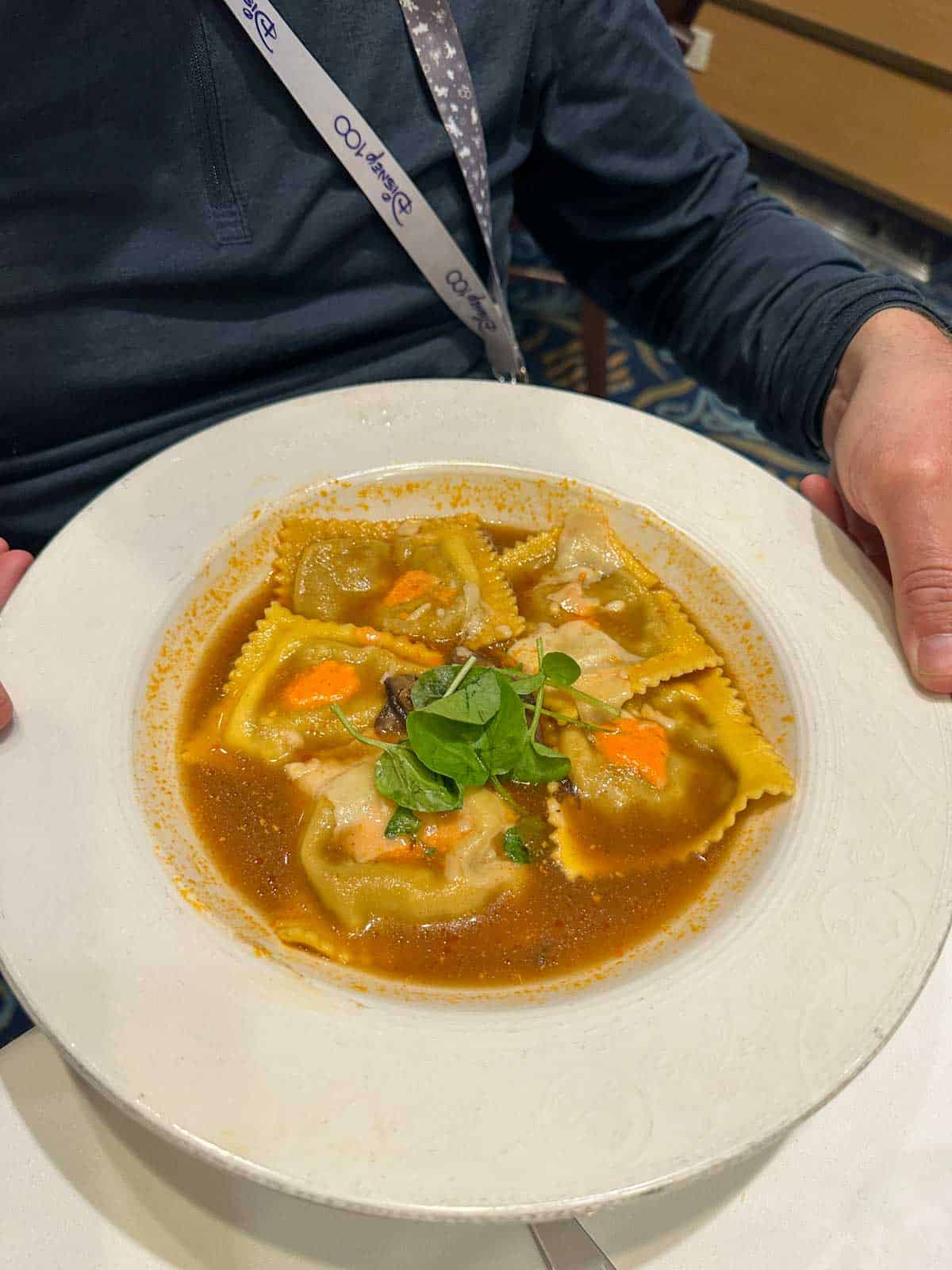 A white plate with a brownish sauce and raviolis in it topped with greens.