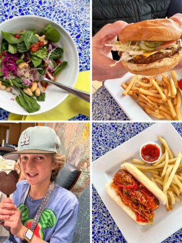 A collage of a salad in a bowl, hands holding a burger, a boy holding a Mickey ice cream bar and a sausage dog.