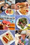 A collage of six photos of meals, frozen drinks and Mickey ice cream from cruise ship dining.