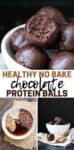 Collage of brownie bites in a white bowl with a bite out of the top one, the ingredients to make them in a bowl, and them freshly rolled out in the bowl with overlay text.