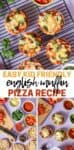 Collage of three photos, the ingredients needed for English muffin pizzas, the pizzas being built and then baked on a cooling rack.