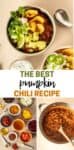 Three photo collage of chili with toppings in a bowl, the ingredients needed to make a pumpkin chili and it cooking in a pot with overlay text.