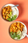 Two bowls with white rice topped with curry and cilantro and lime slices.