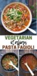 A collage of three photos with a bowl of pasta fagioli soup, the vegetables being sauteed in a pot and the pot with the broth added to the soup and overlay text.