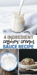 Collage of a cashew cream sauce in a glass jar, the sauce in the blender and being used in lasagna with overlay texted in the center.